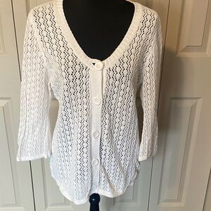 Christopher & Banks White Open Knit Cardigan Sweater 3/4 Bell Sleeves Women's L